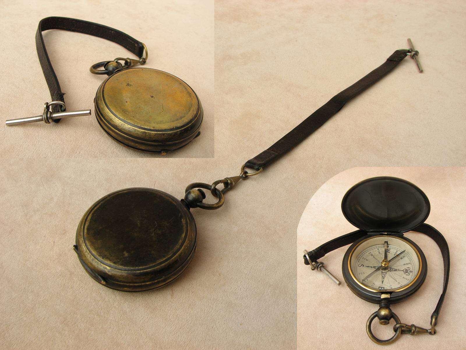 19th Century blackened brass pocket compass with T bar leather strap